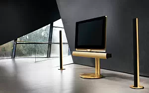 Bang & Olufsen BeoVision 7 40 with BeoLab 7 2 on motorised floor stand with BeoLab 6002 golden series wallpapers 4K Ultra HD